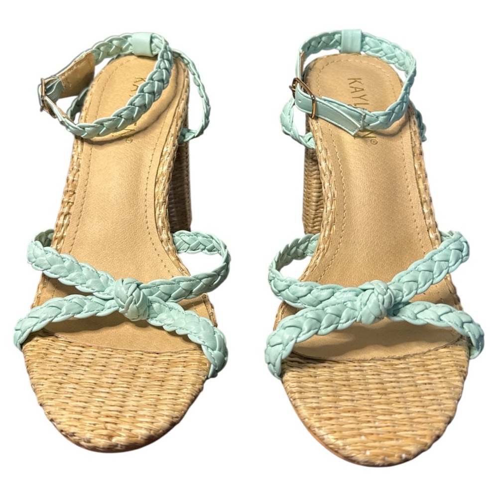KAYLEEN By Los Angeles Teal and Tan Platform Sandals with Braided Straps - Picture 2 of 6